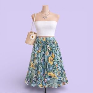 Vintage Floral Midi Skirt | Pioko | Elastic Waist | Cotton | Size M